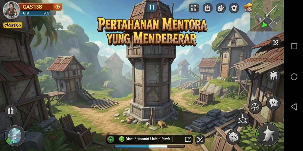 Screenshot menunjukkan gameplay intens dan strategi menara yang kompleks.