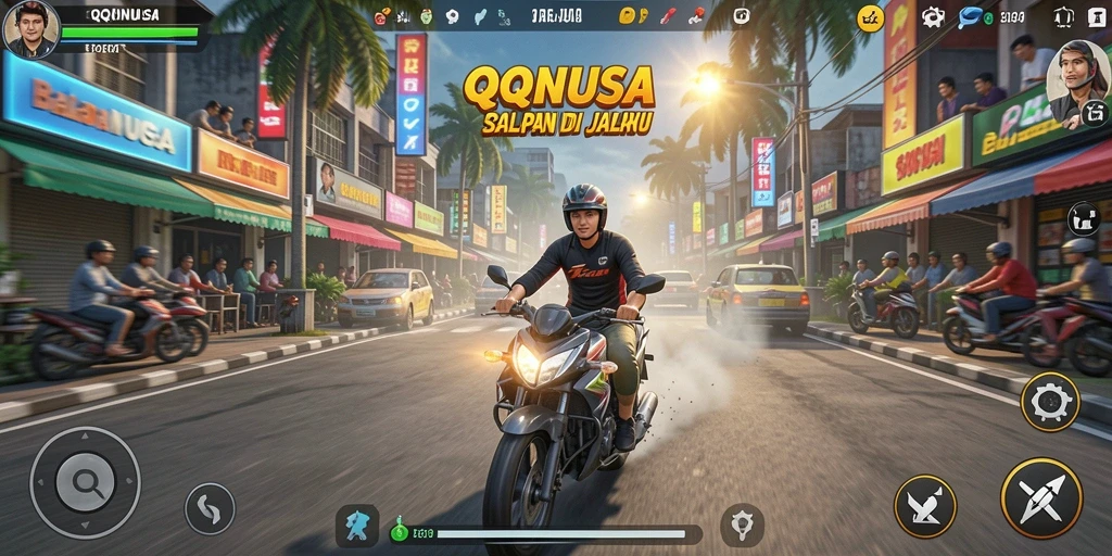 Screenshot utama QQNUSA menampilkan aksi balapan yang mendebarkan di jalanan.