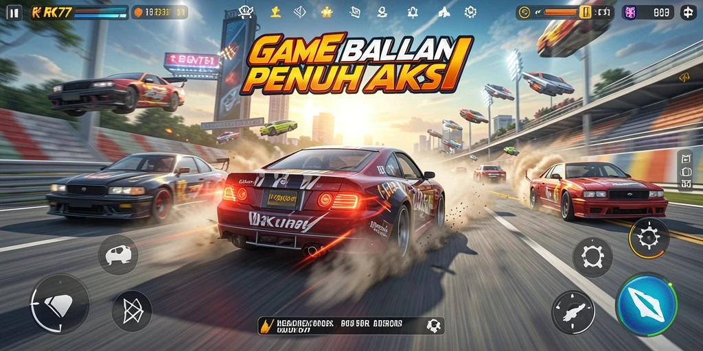 Tampilan gameplay RK77 dengan aksi balapan yang mendebarkan.