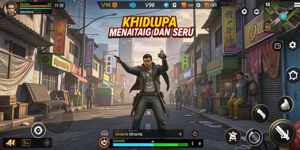 Tampilan gameplay V98 menampilkan simulasi yang mendalam dan interaktif.